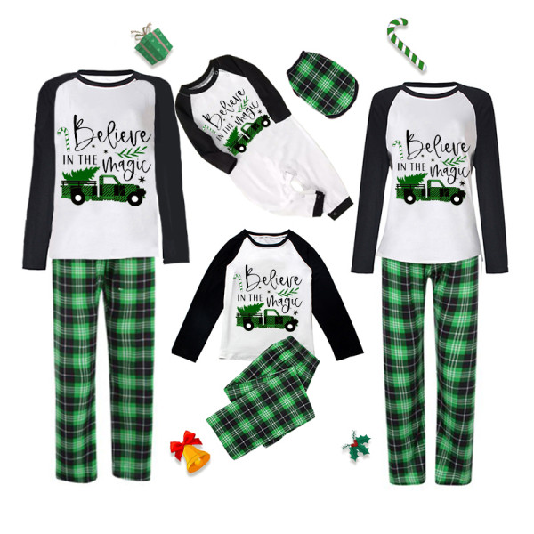 Christmas Matching Family Pajamas Plus Size Believe Magic Cars Green Plaid Pajamas Set