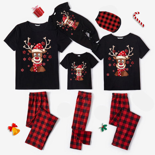 Christmas Matching Family Pajamas Maple Leaves Deer Black Short Christmas Pajamas Sets