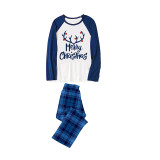 Christmas Matching Family Pajamas Merry Christmas Elk Antlers Blue Plaids Pajamas Set