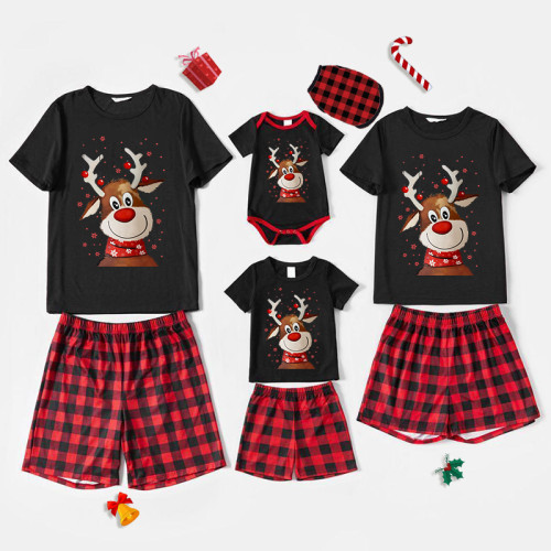 Plus Size Christmas Matching Family Pajamas Smile Deer Snowflake Red Plaids Shorts Pajamas Set