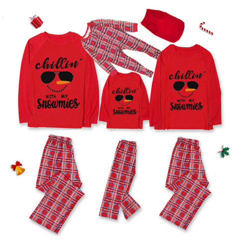 Christmas Matching Family Pajamas Chillin With My Snowmies Sunglass Snowman White Red Pajamas Set