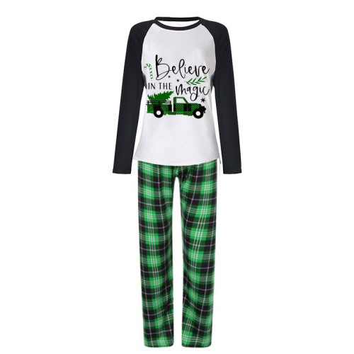 Christmas Matching Family Pajamas Plus Size Believe Magic Cars Green Plaid Pajamas Set