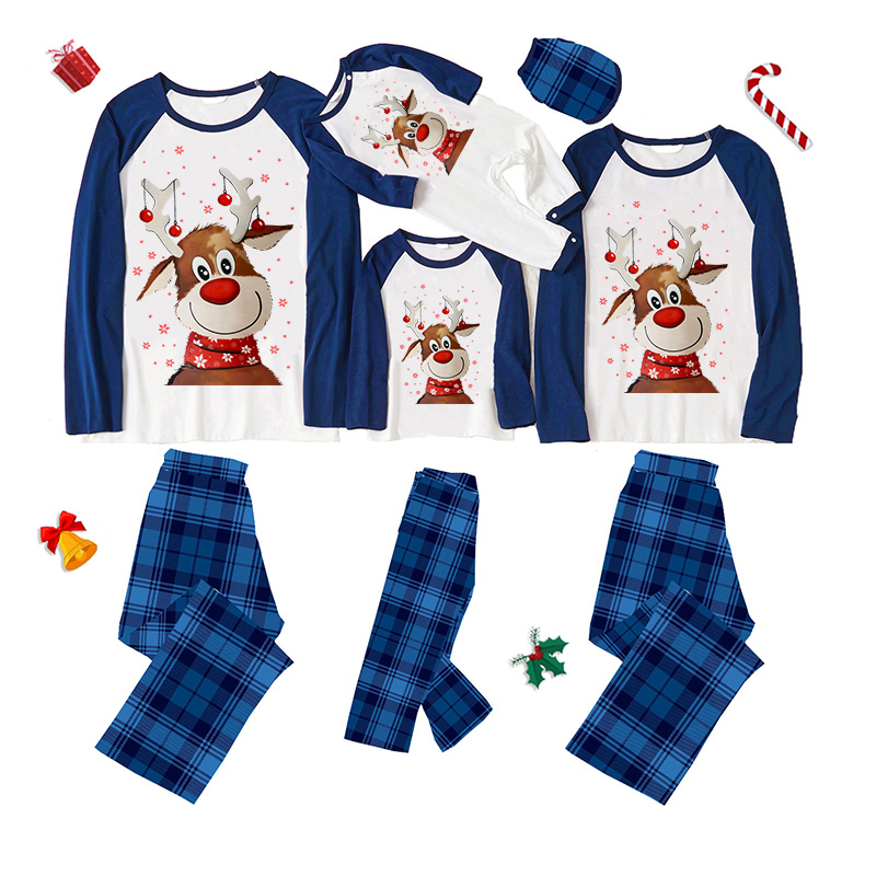 Christmas Matching Family Pajamas Smile Deer Snowflake Green Blue Plaids Pajamas Set