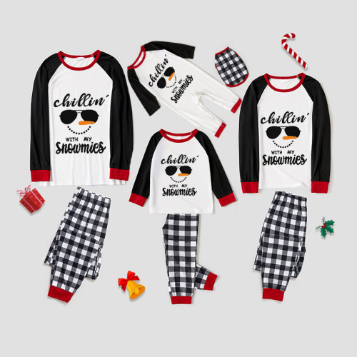 Plus Size Christmas Family Matching Pajamas Sets Chillin Snowmies Slogan Cool Snowman Tops And Plaids Pants With Dog Cloth