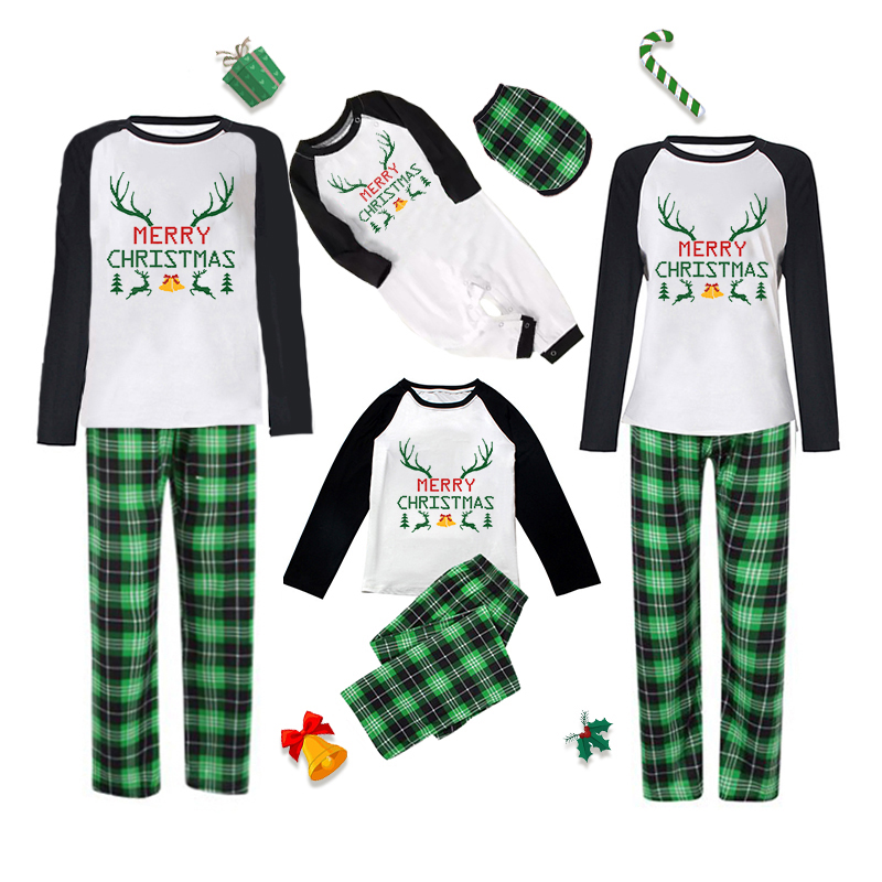 Christmas Matching Family Pajamas Merry Christmas Heart Design Deer Antlers Bell Green Pajamas Set