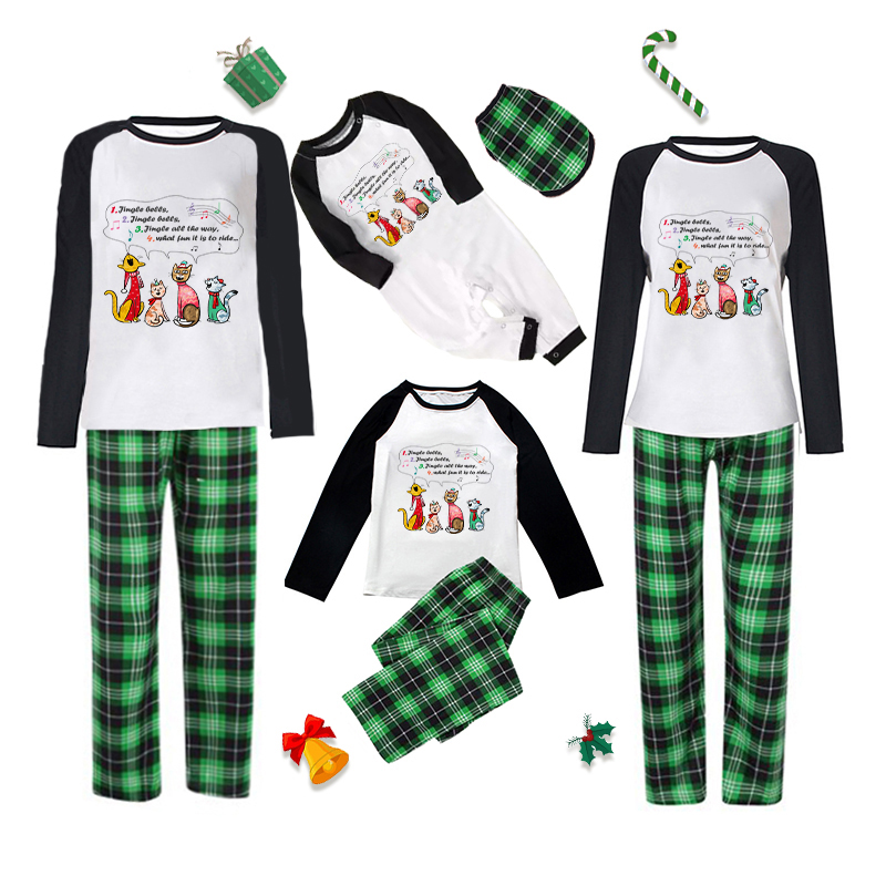 Christmas Matching Family Pajamas Cute Cats Sing Jingle Bells Merry Christmas Green Pajamas Set