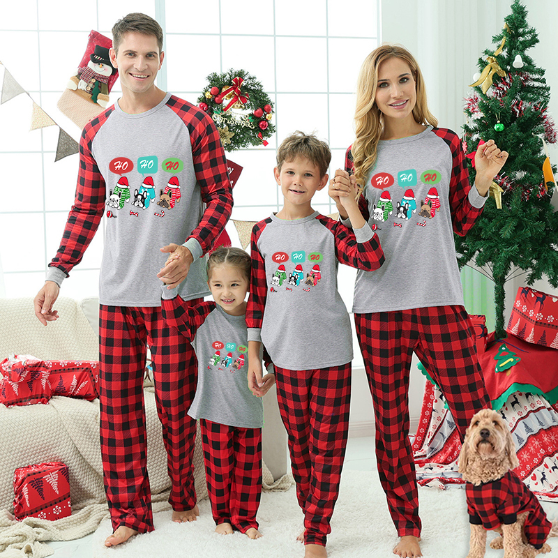 Christmas Matching Family Pajamas HO HO HO Colorful French Bulldog Pajamas Set With Dog Cloth