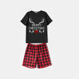 Christmas Matching Family Pajamas Merry Christmas Heart Design Deer Antlers Gift Box Black Short Pajamas Set