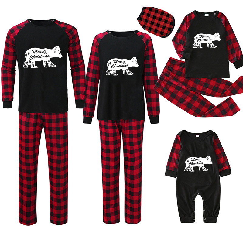 Christmas Family Matching Pajamas Merry Christmas Polar Bear Black Red Plaids Pajamas Set
