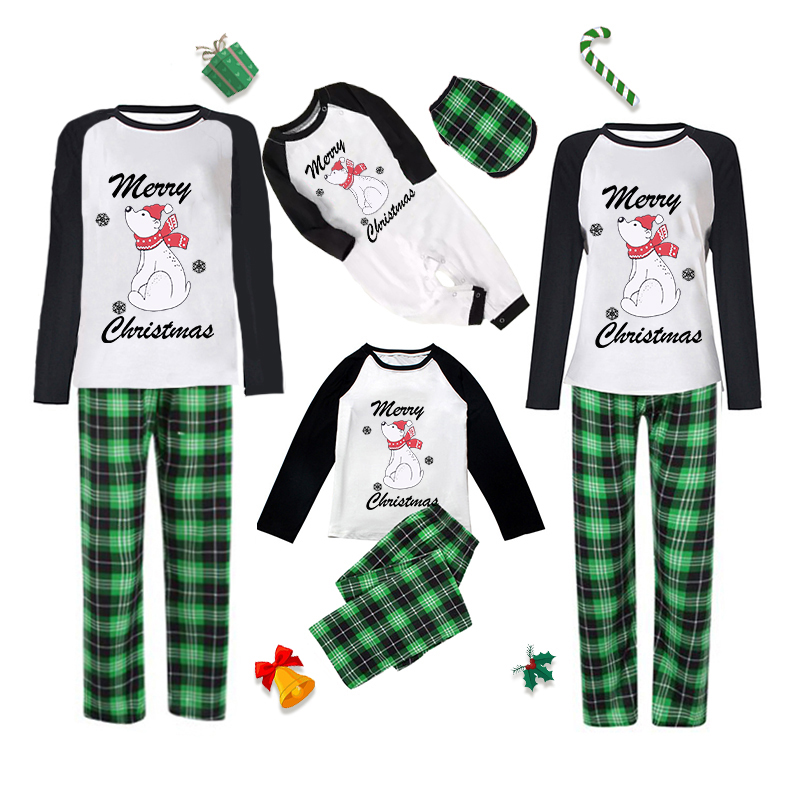 Christmas Matching Family Pajamas Sit Down Bear and Snowflake Merry Christmas Letter Green Pajamas Set With Baby Pajamas