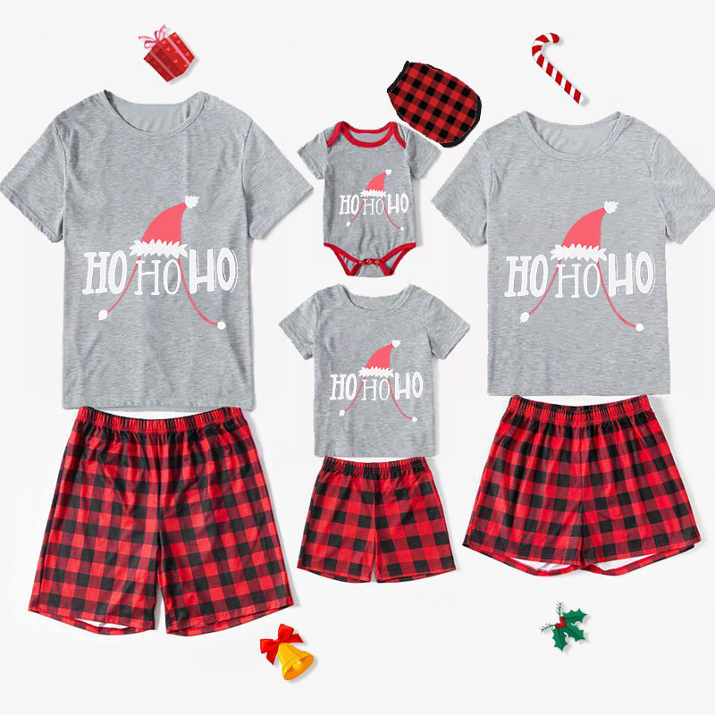 Christmas Matching Family Pajamas HO HO HO Red Christmas Hat Short Gray Pajamas Set With Baby Pajamas