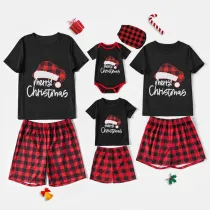 Christmas Matching Family Pajamas Red Plaids Christmas Hat Merry Christmas Letter Black Short Pajamas Set With Baby Pajamas