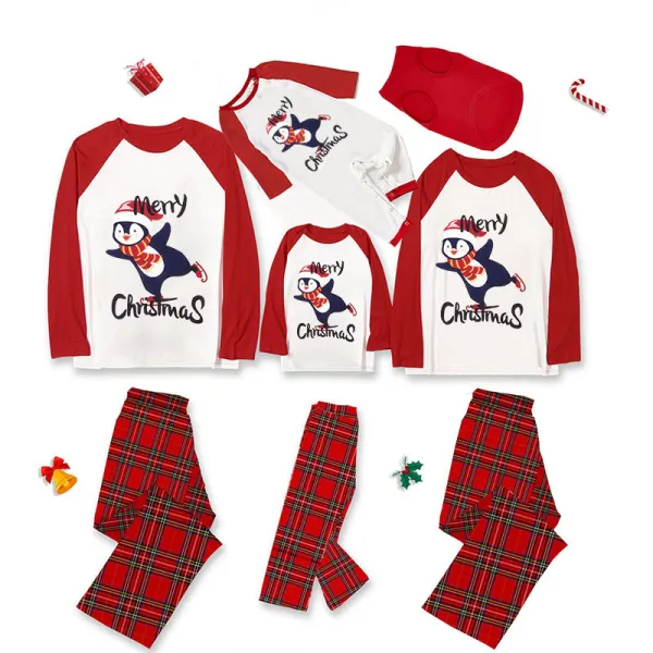 Christmas Matching Family Pajamas Navy Flying Skiing Penguin Merry Christmas Plaids Pajamas Set With Baby Pajamas