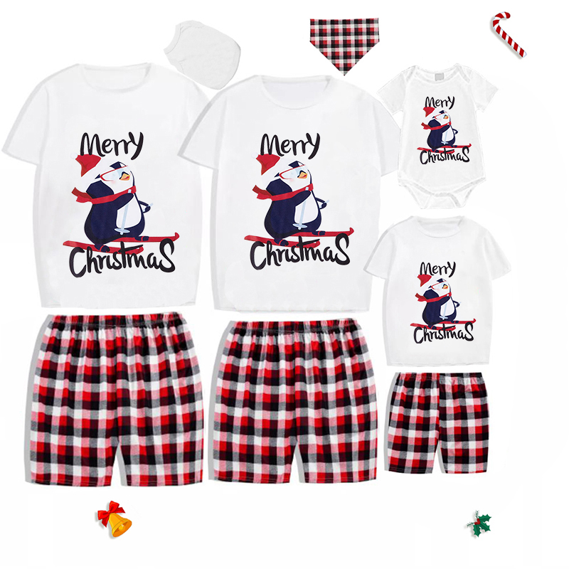 Christmas Matching Family Pajamas Navy Skiing Penguin Merry Christmas Short Pajamas Set With Baby Pajamas