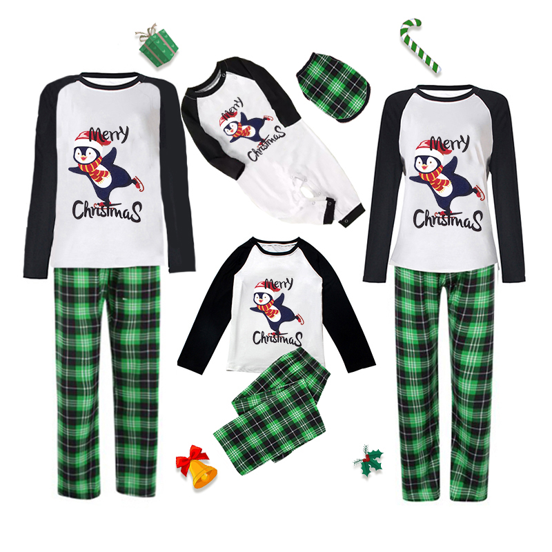 Christmas Matching Family Pajamas Navy Flying Skiing Penguin Merry Christmas Green Plaids Pajamas Set With Baby Pajamas