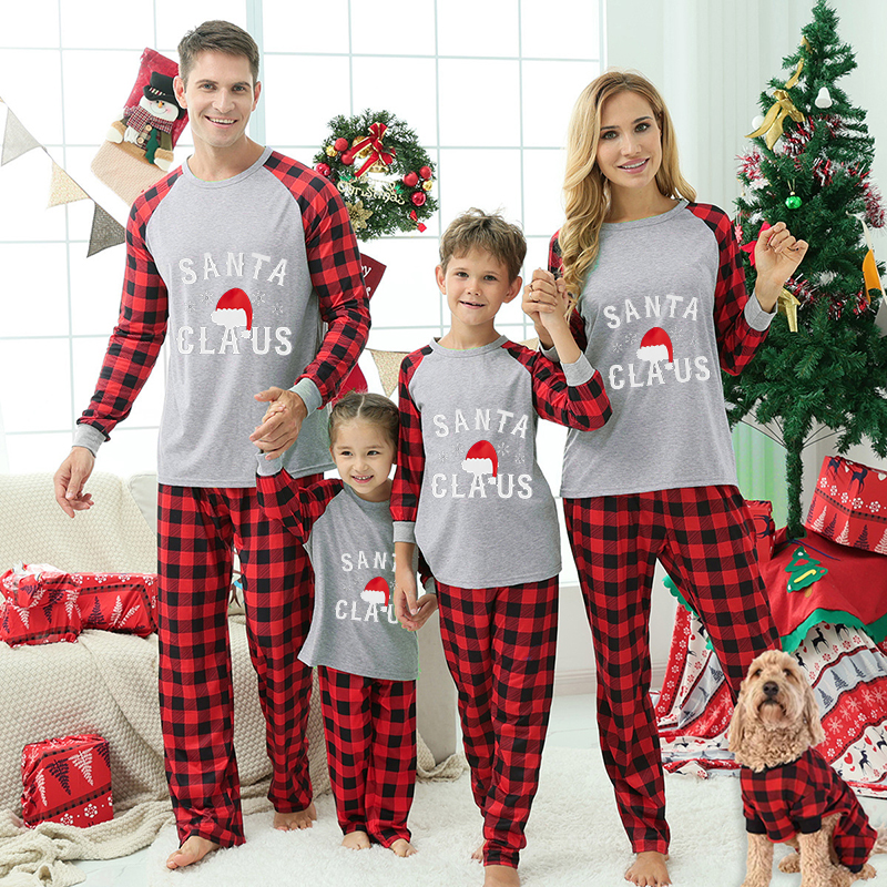 Christmas Matching Family Pajamas Santa Claus with Snowflake and Red Xmas Hat Gray Pajamas Set With Baby Pajamas