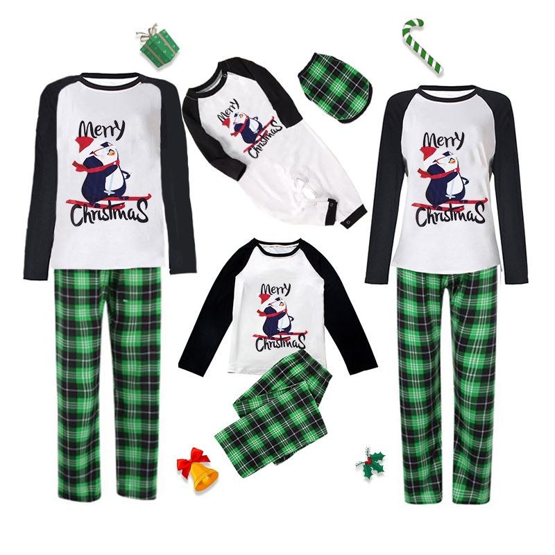 Christmas Matching Family Pajamas Navy Skiing Penguin Merry Christmas Green Plaid Pajamas Set With Baby Pajamas