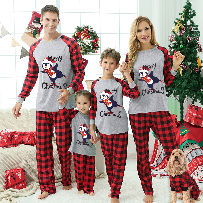 Christmas Matching Family Pajamas Navy Flying Skiing Penguin Merry Christmas White Pajamas Set With Baby Pajamas