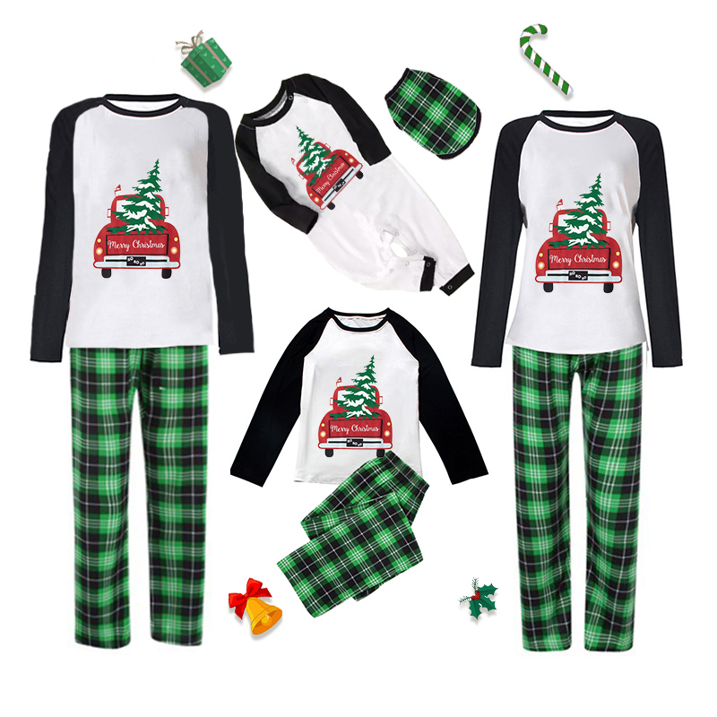 Christmas Matching Family Pajamas Red Plaid Truck with Christmas Tree Green Plaid Pajamas Set