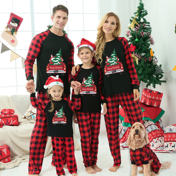 Christmas Matching Family Pajamas Red Plaid Truck with Christmas Tree Black Pajamas Set With Baby Pajamas