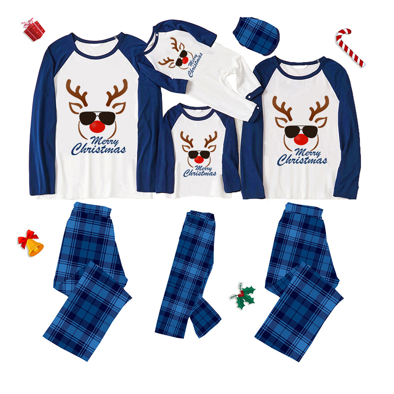 Christmas Matching Family Pajamas Exclusive Design Merry Christmas Deer Head Blue Plaids Pajamas Set
