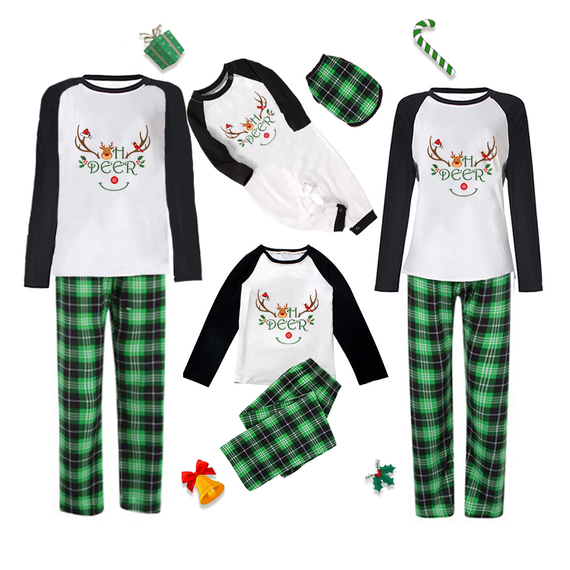 Christmas Matching Family Pajamas Smile Oh Deer Antlers Green Plaids Pajamas Set