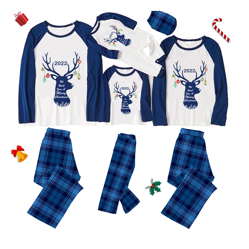 2022 Christmas Matching Family Pajamas Exclusive Design Reindeer Pendant Blue Pajamas Set