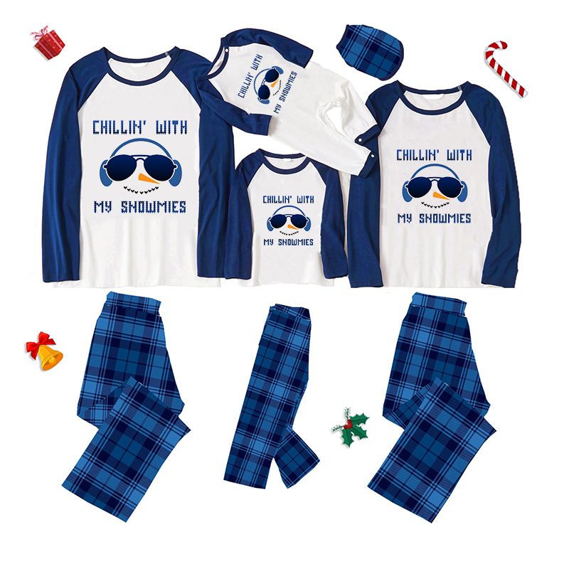 Christmas Matching Family Pajamas Exclusive Design Snowmies with Sunglasses Blue Plaids Pajamas Set