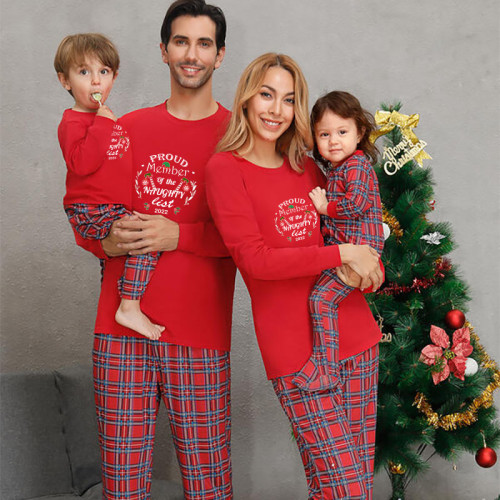 2022 Christmas Matching Family Pajamas Exclusive Design Wreath Crutch Naughty List Red Pajamas Set