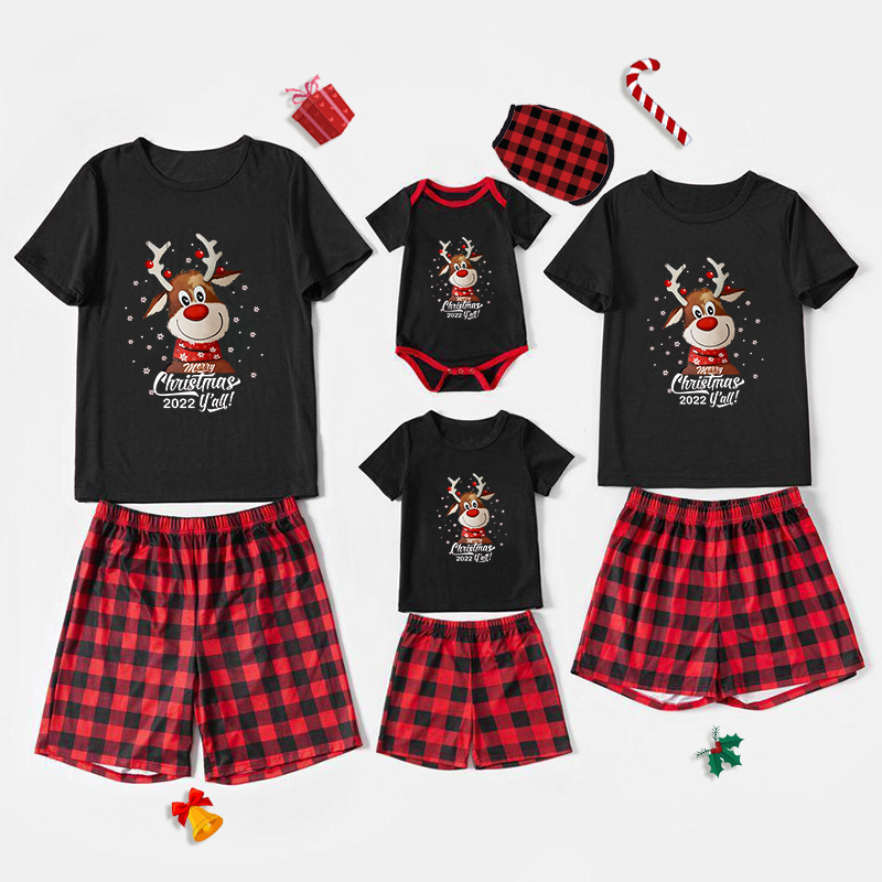 2022 Christmas Matching Family Pajamas Christmas Exclusive Design Deer Head Snowflake Merry Christmas Black Pajamas Set