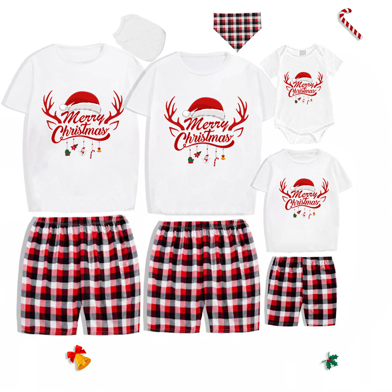 Christmas Matching Family Pajamas Exclusive Design Merry Christmas Hat and Pendant Short Pajamas Set