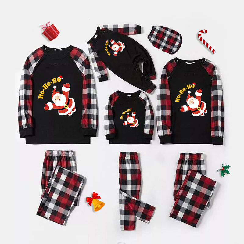 Christmas Matching Family Pajamas Exclusive Design HO HO HO Flying Santa Claus Black White Plaids Pajamas Set