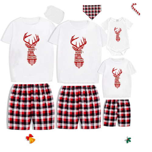Christmas Matching Family Pajamas Exclusive Design Happy Christmas Reindeer Pattern Short Plaids Pajamas Set