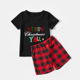 Christmas Matching Family Pajamas Checkered Squares Y'all Merry Christmas Black Pajamas Set