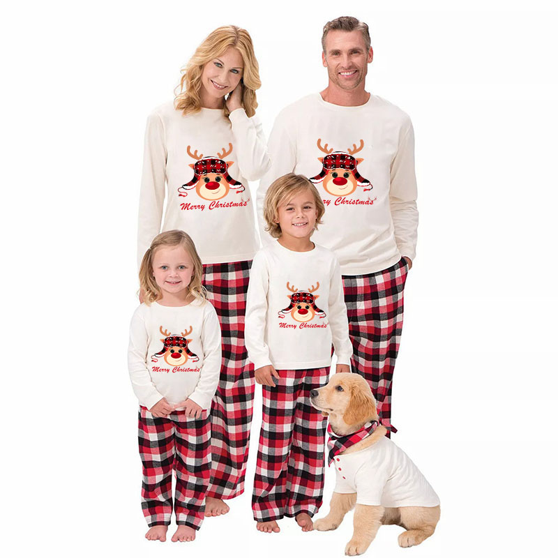 Christmas Matching Family Pajamas Exclusive Design Merry Christmas Deer Head with Hat White Pajamas Set