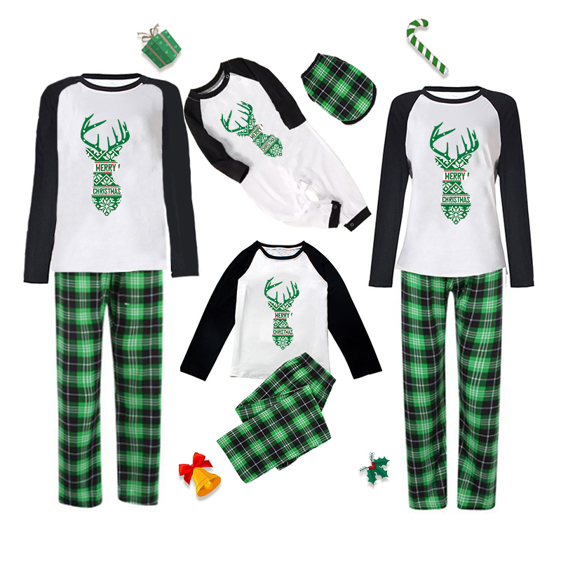 Christmas Matching Family Pajamas Heart Merry Christmas Reindeer Green Plaids Pajamas Set