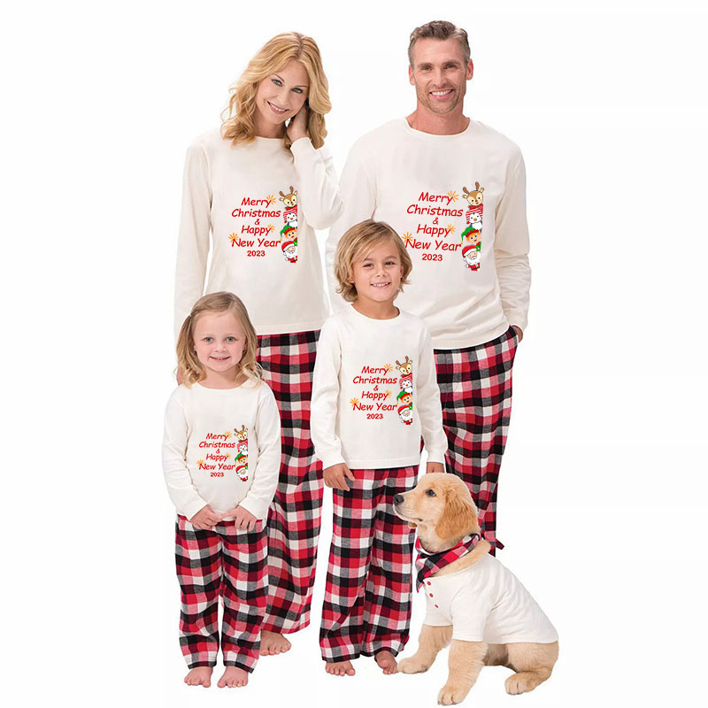 Merry Christmas Happy New Year 2023 White Christmas Matching Family Pajamas Set