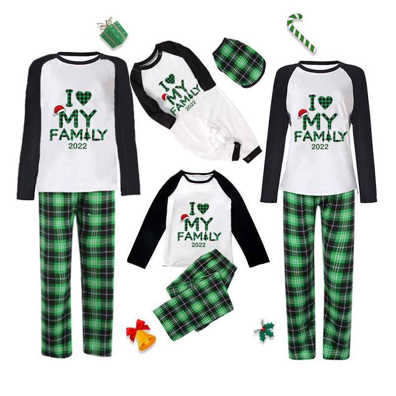 2022 Christmas Matching Family Pajamas Exclusive Design I Love My Family Green Plaids Pajamas Set