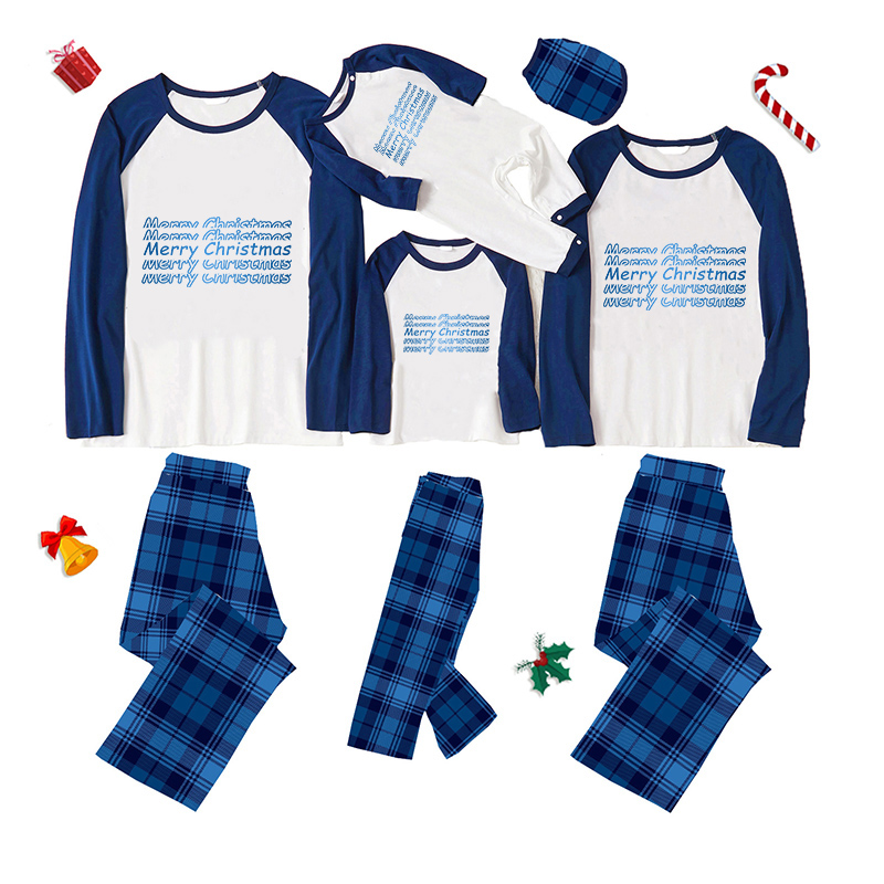 Christmas Matching Family Pajamas Exclusive Design WordArt Merry Christmas Blue Plaids Pajamas Set