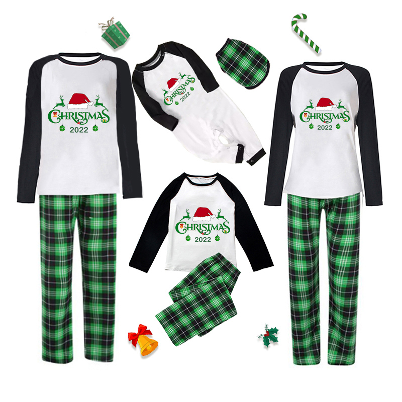 2022 Christmas Matching Family Pajamas Exclusive Design Christmas Couple Reindeer Green Plaids Pajamas Set