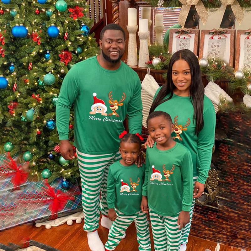 Christmas Matching Family Pajamas Exclusive Design Merry Christmas Santa and Deer Green Stripes Pajamas Set