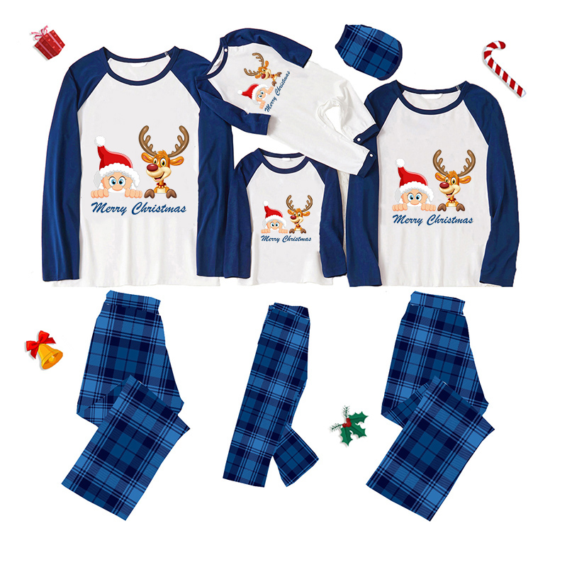 Christmas Matching Family Pajamas Exclusive Design Merry Christmas Santa and Deer Blue Plaids Pajamas Set