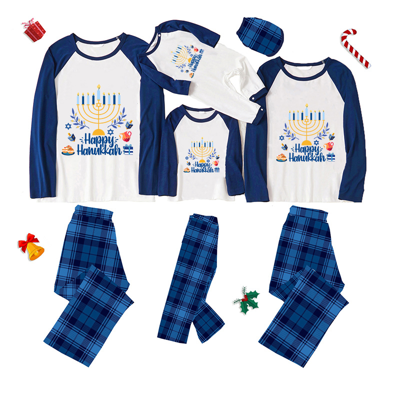 Christmas Matching Family Pajamas Exclusive Design Happy Hanukkah Pajamas Candlestick Wreath Blue Pajamas Set
