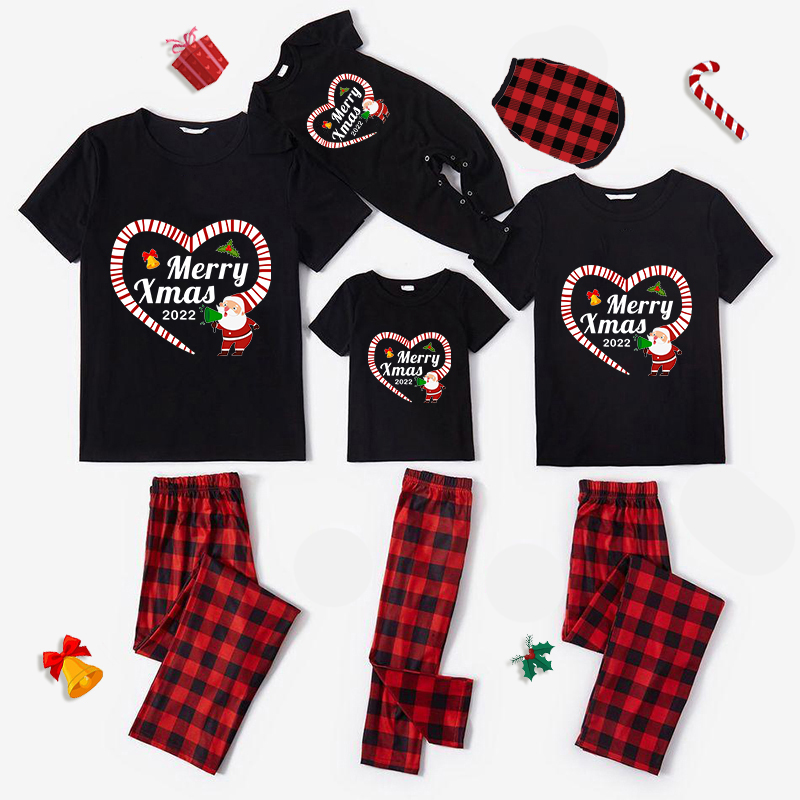 2022 Christmas Matching Family Pajamas Santa Heart Merry Xmas Black Pajamas Set