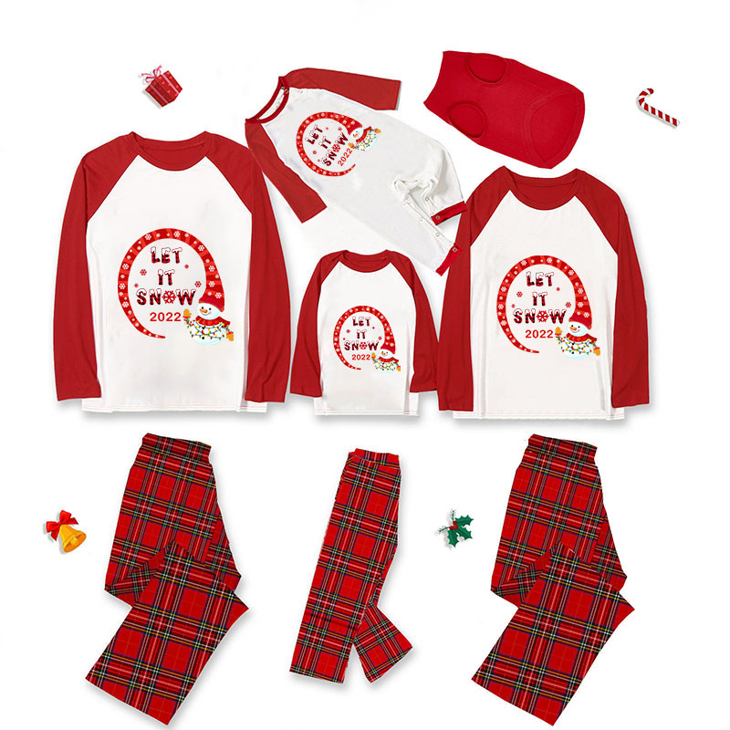 2022 Christmas Matching Family Pajamas Snowman Let It Snow Plaids Pajamas Set