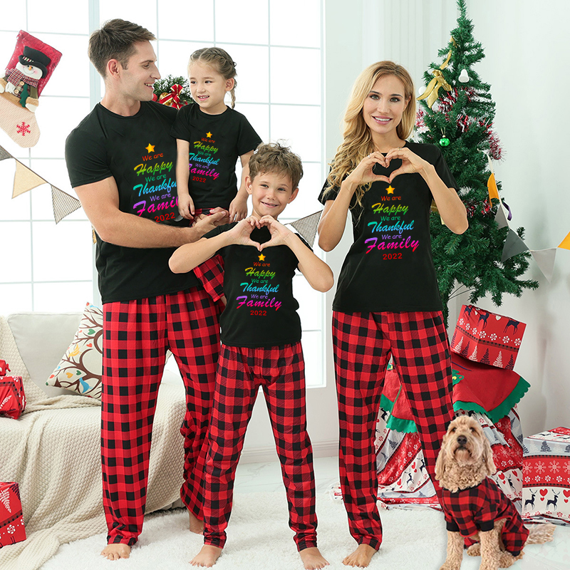 2022 Christmas Matching Family Pajamas Rainbow We Are Happy Thanksful Family Black Pajamas Set