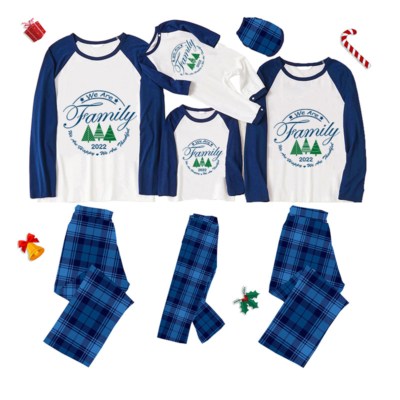 2022 Christmas Matching Family Pajamas Exclusive We Are Family Wreath Xmas Tree Blue Plaids Pajamas Set