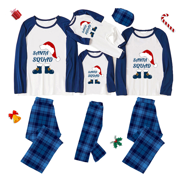 Christmas Matching Family Pajamas Exclusive Design Christmas Hat Elf Santa Blue Plaids Pajamas Set