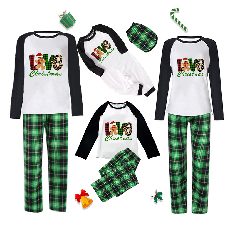 Christmas Matching Family Pajamas LOVE Gingerbread Man Christmas Green Plaids Pajamas Set