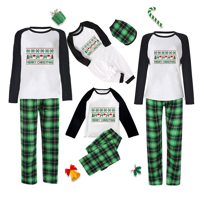 Christmas Matching Family Pajamas Exclusive Design Pattern HOHOHO Santa Head Green Plaids Pajamas Set
